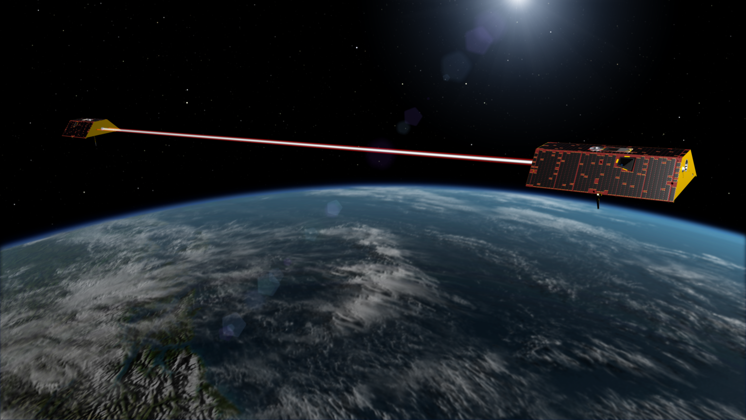Künstlerische Darstellung der beiden GRACE-FO-Satelliten im Formationsflug über der Erde – das Laser Ranging Interferometer misst ihren Abstand auf Nanometer genau (Illustration: NASA/JPL-Caltech)